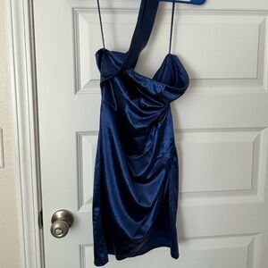 Blue Blush Satin One Shoulder Navy Dress
